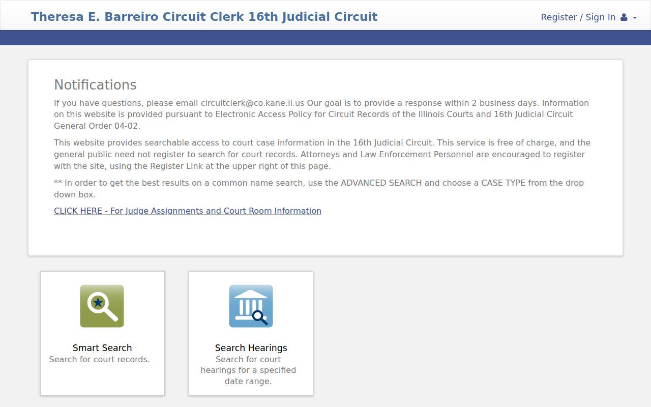 Kane County residents directory Circuit Clerk court party search