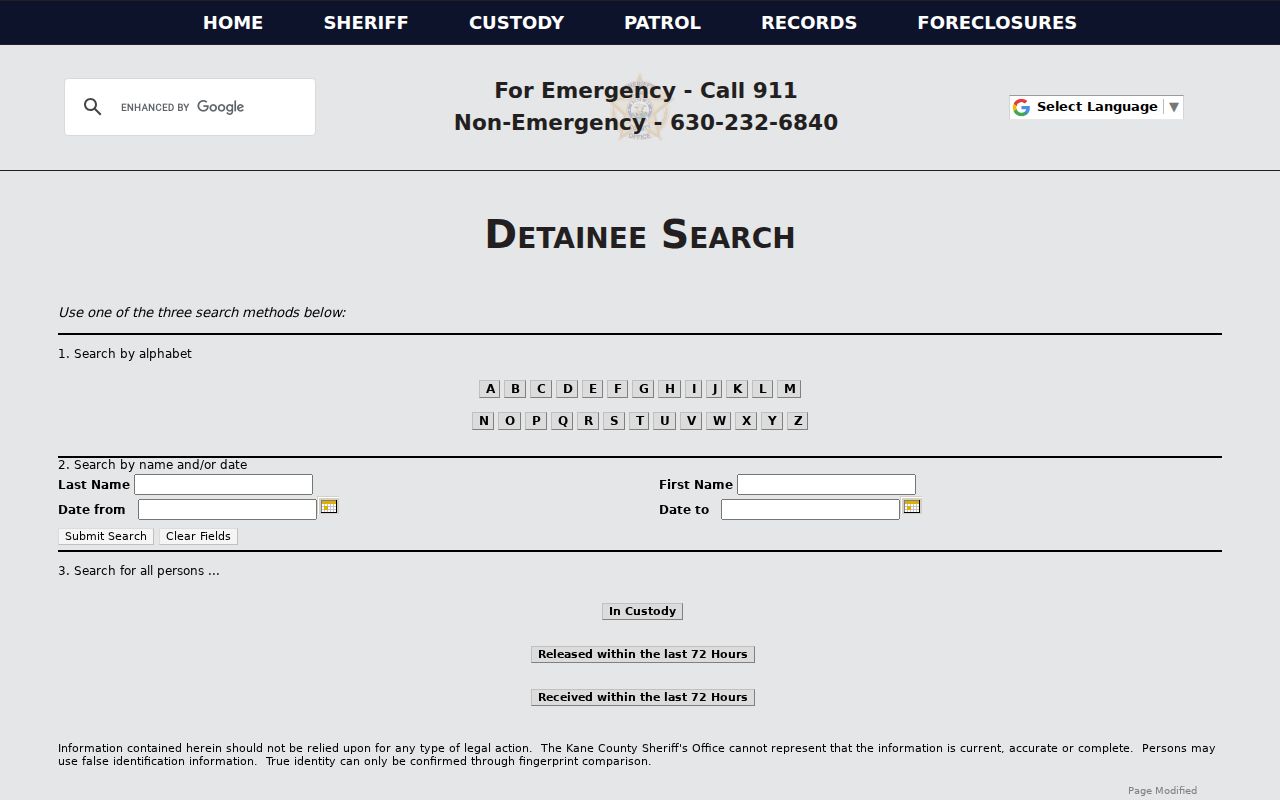 Kane County resident lookup through the Sheriff detainee search