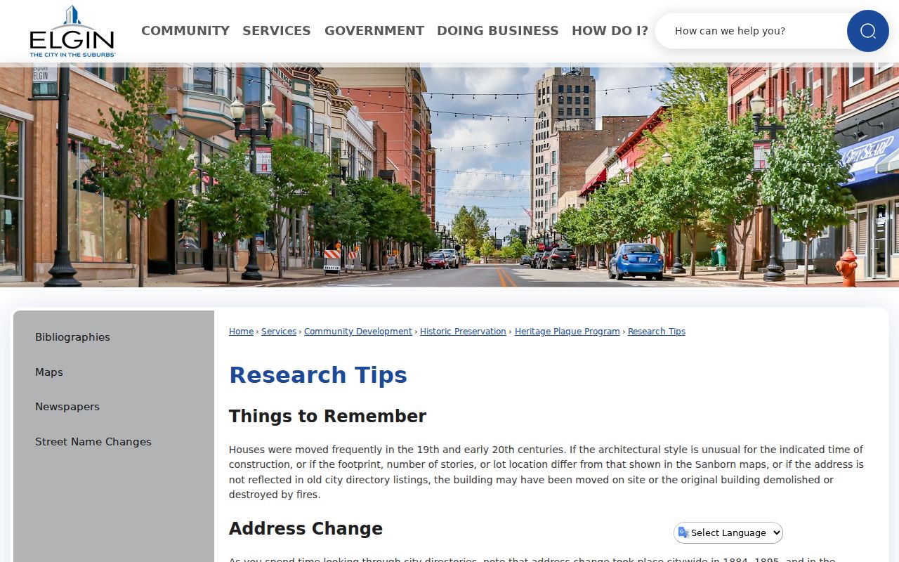 Elgin research tips explaining historic address changes and house records