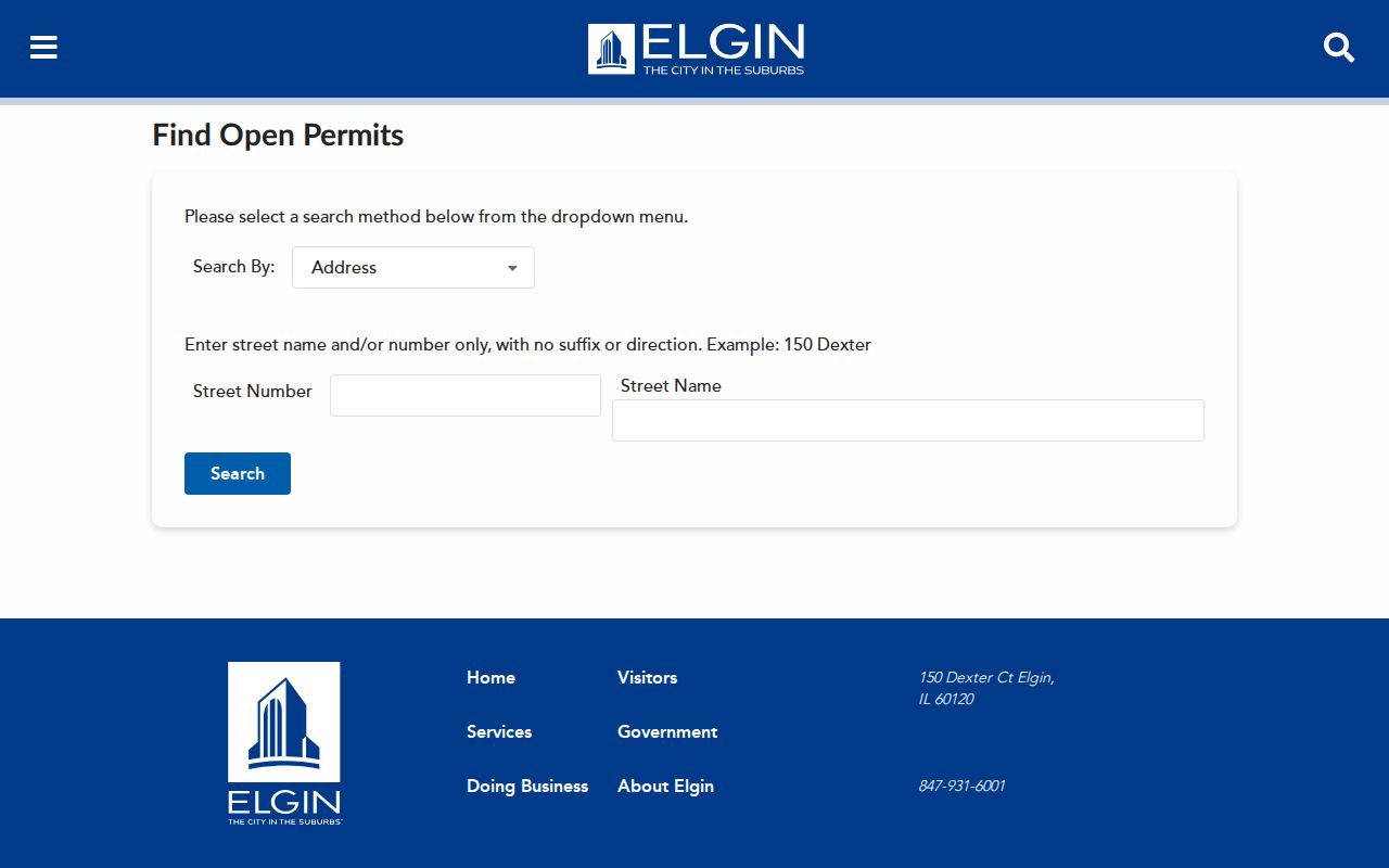 Elgin permit search with street number and street name controls