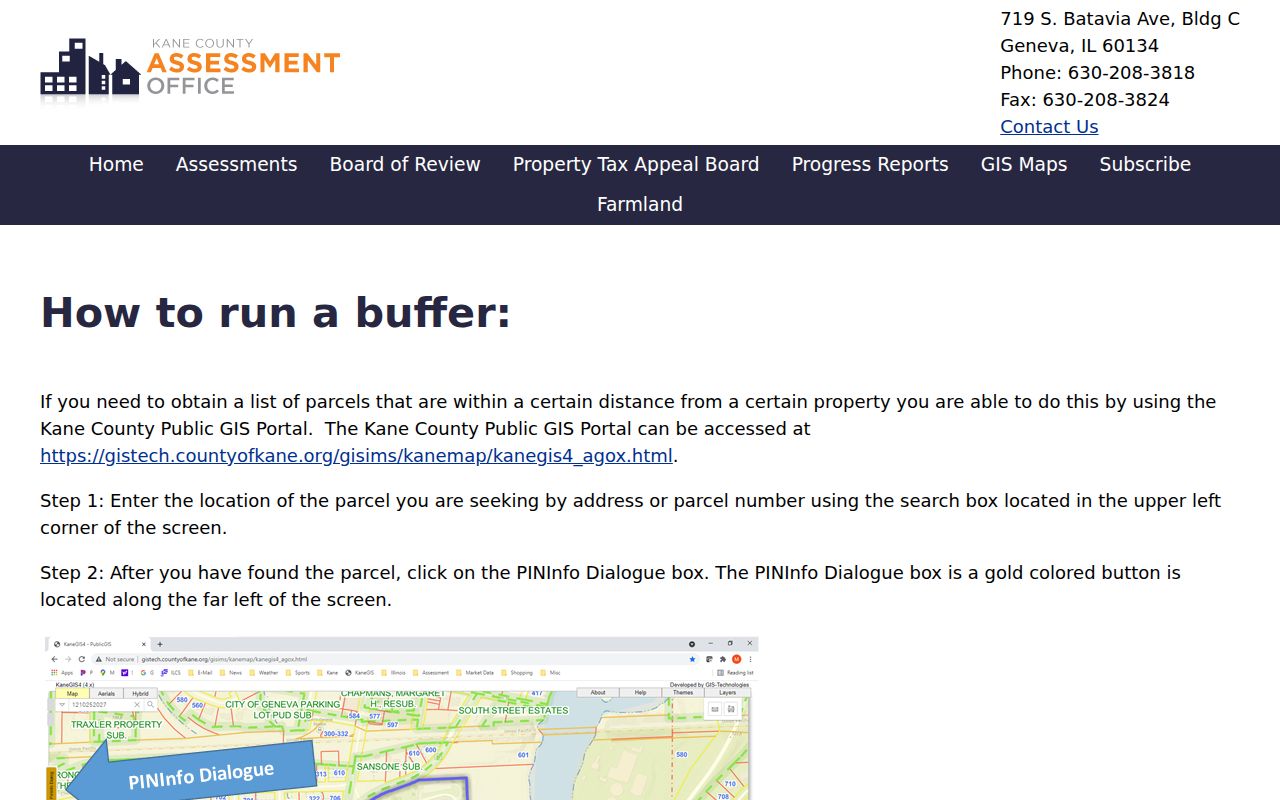 Kane County parcel buffer instructions showing how to find nearby parcels