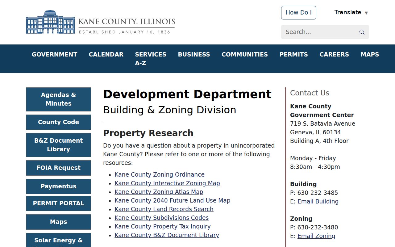 Kane County unincorporated building and zoning record page